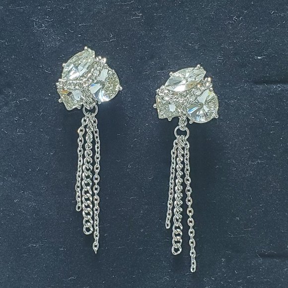 Isaac Mizrahi multi shape rhinestone cluster chain fringe silver earring - Picture 2 of 7